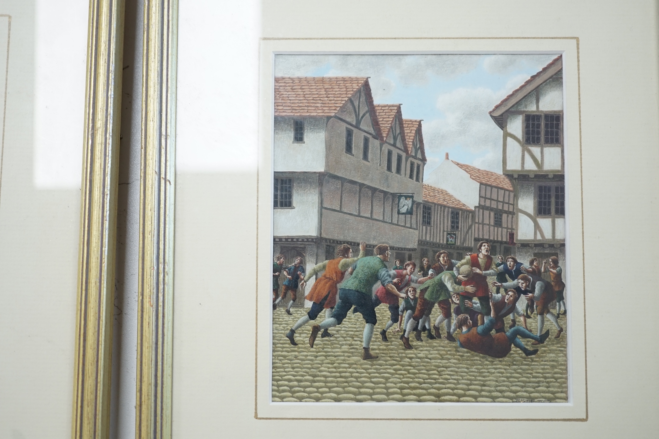 Justin Todd (Illustrator, b.1932), set of three gouaches, ‘15th century wool traders’, ‘Street ball game’ and ‘Sheep shearing’, signed, labels verso, each 16 x 13cm. Condition - good